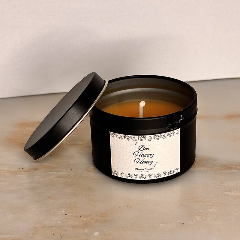 Bee Happy Honey beeswax candle in a tin
