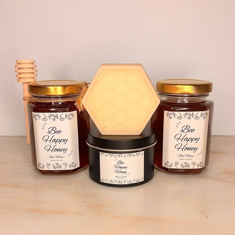 Gift Set — two honey jars, a beeswax soap, and a candle