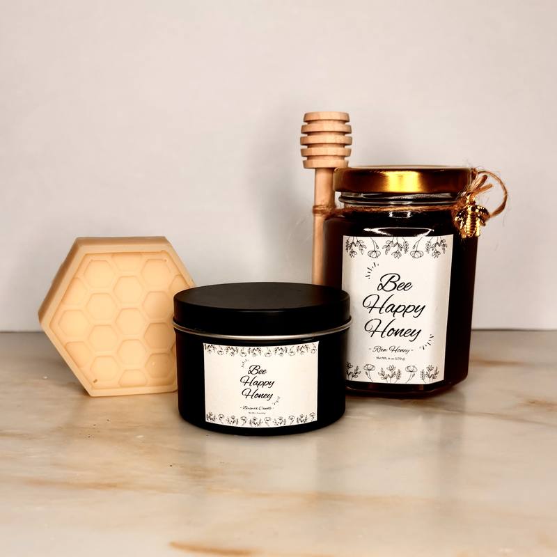 Home Bundle — a honey jar, beeswax soap, and beeswax candle